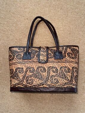 Woven Natural & Black Patterned Handbag with Brown Leather Trim